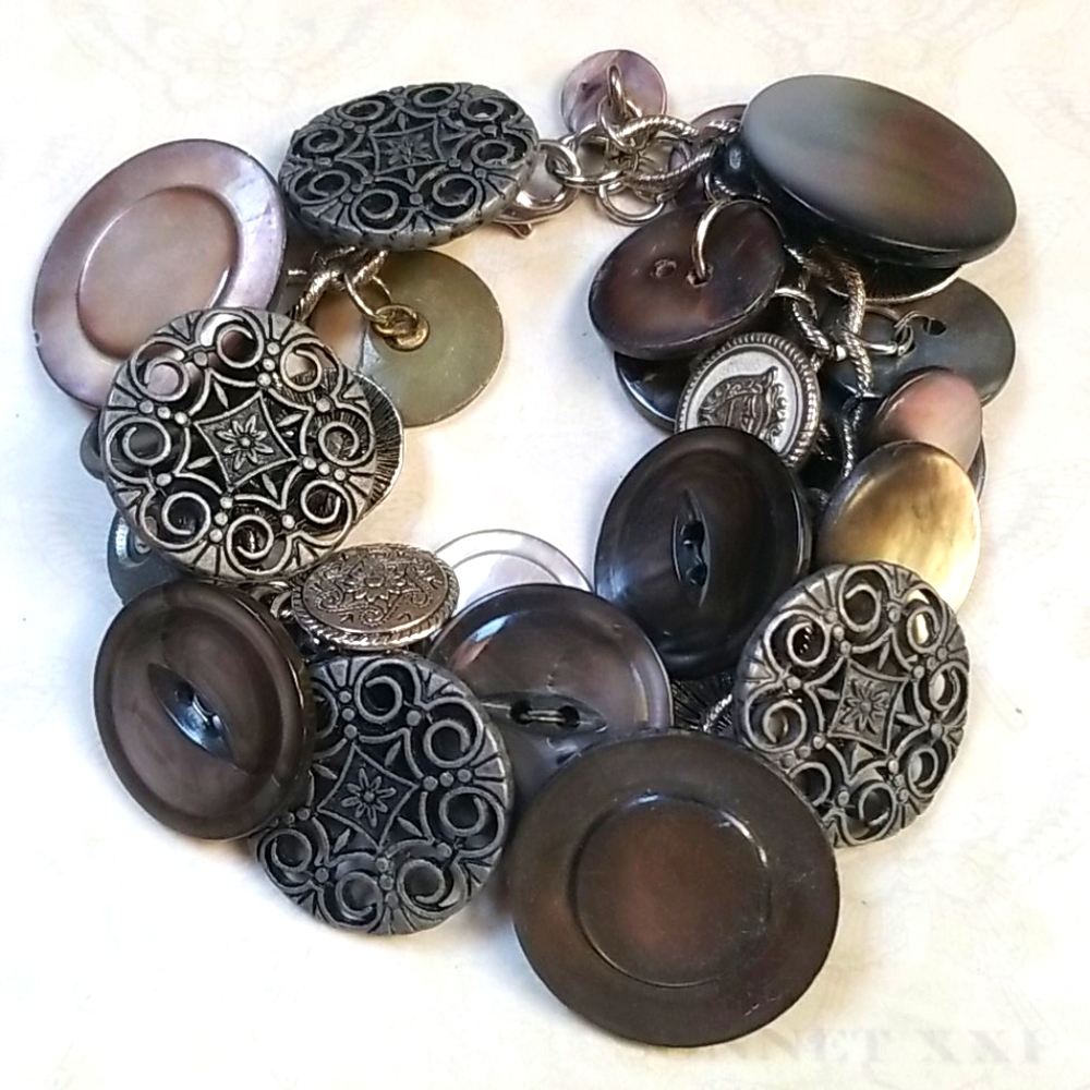Vintage Silver Tone Button Charm Bracelet